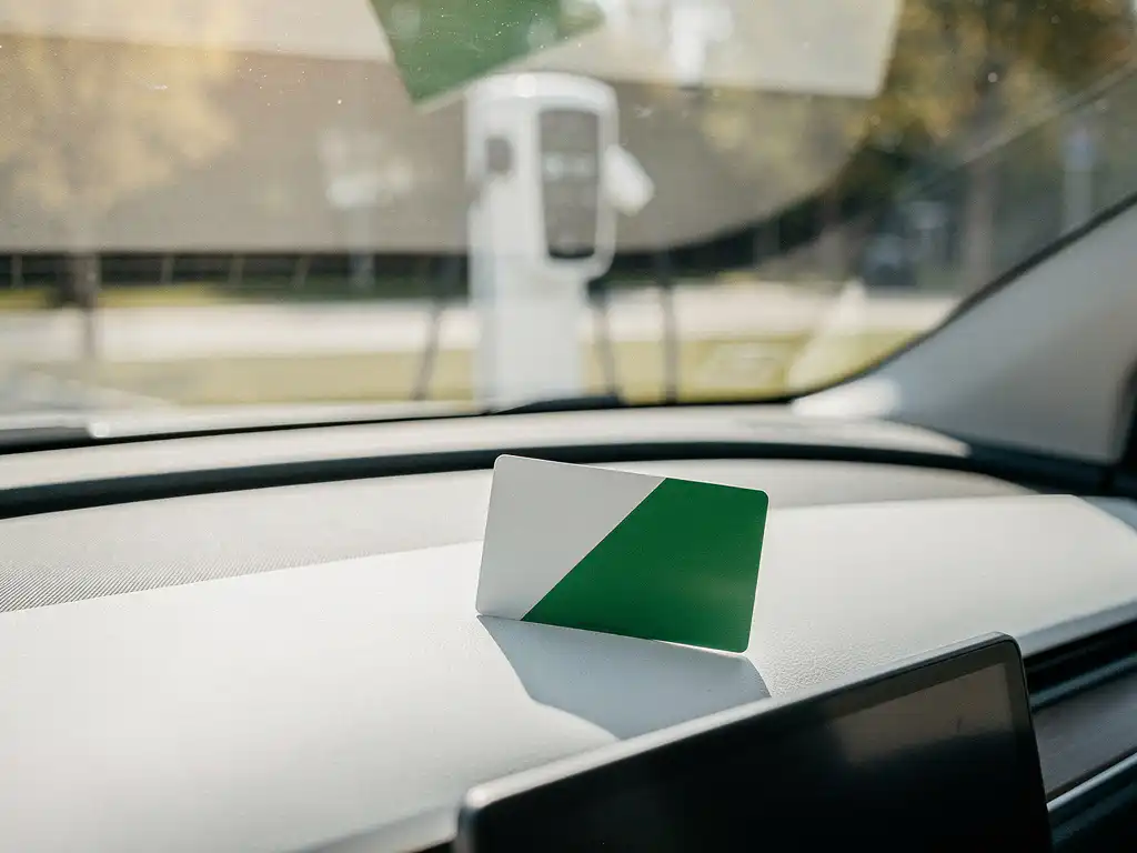 Elektrische laadpas op het dashboard van een auto, met een wazig openbaar laadstation zichtbaar door de voorruit.