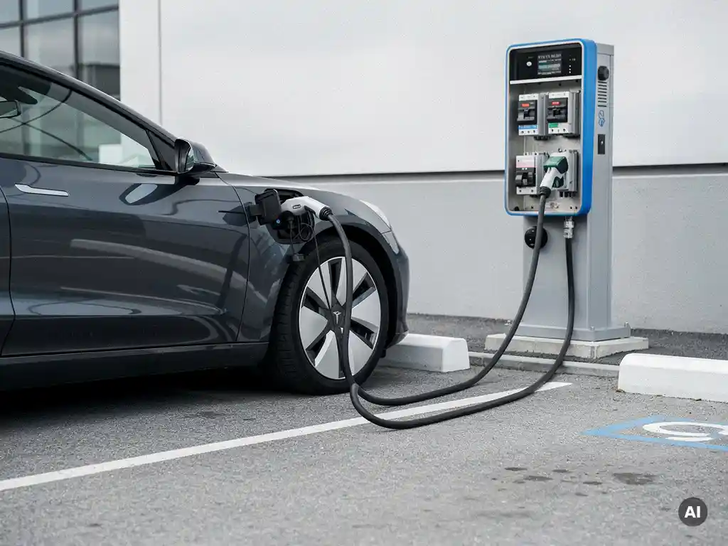 Elektrisch voertuig dat oplaadt bij een industrieel drieфазig laadstation op een zakelijk parkeerterrein.

---

Let me redo this properly without the mixed-script error:

Elektrisch voertuig dat oplaadt bij een industrieel driefasig laadstation op een zakelijk parkeerterrein.