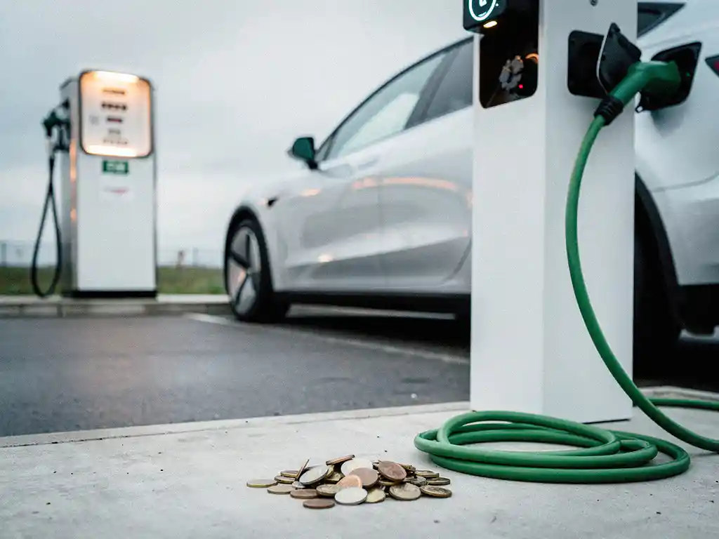 Elektrisch voertuig aan wit laadstation met vintage brandstofpomp op achtergrond, euromuntjes en groen laadkabel op de voorgrond.