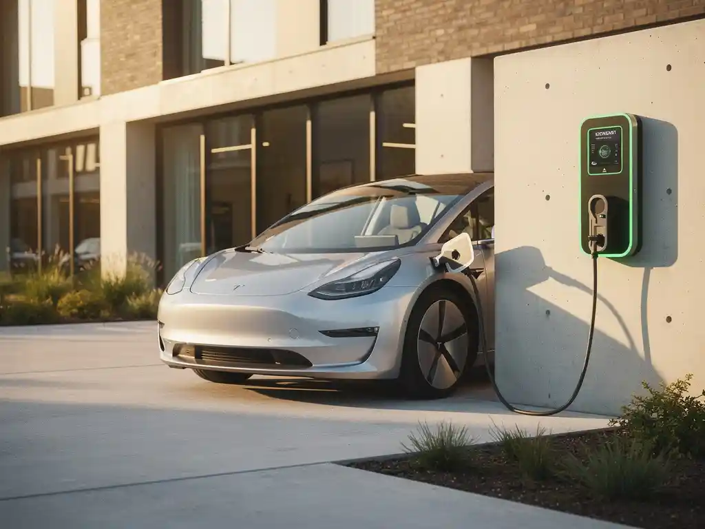 Elektrisch voertuig aan moderne wandlaadpaal bij Nederlands bedrijfspand, energiemeter zichtbaar, zachte begroeiing op achtergrond.