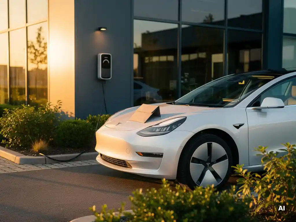 Witte elektrische auto laadt op bij moderne wandlader buiten Nederlands gebouw, envelop op motorkap symboliseert goedgekeurde subsidieaanvraag.