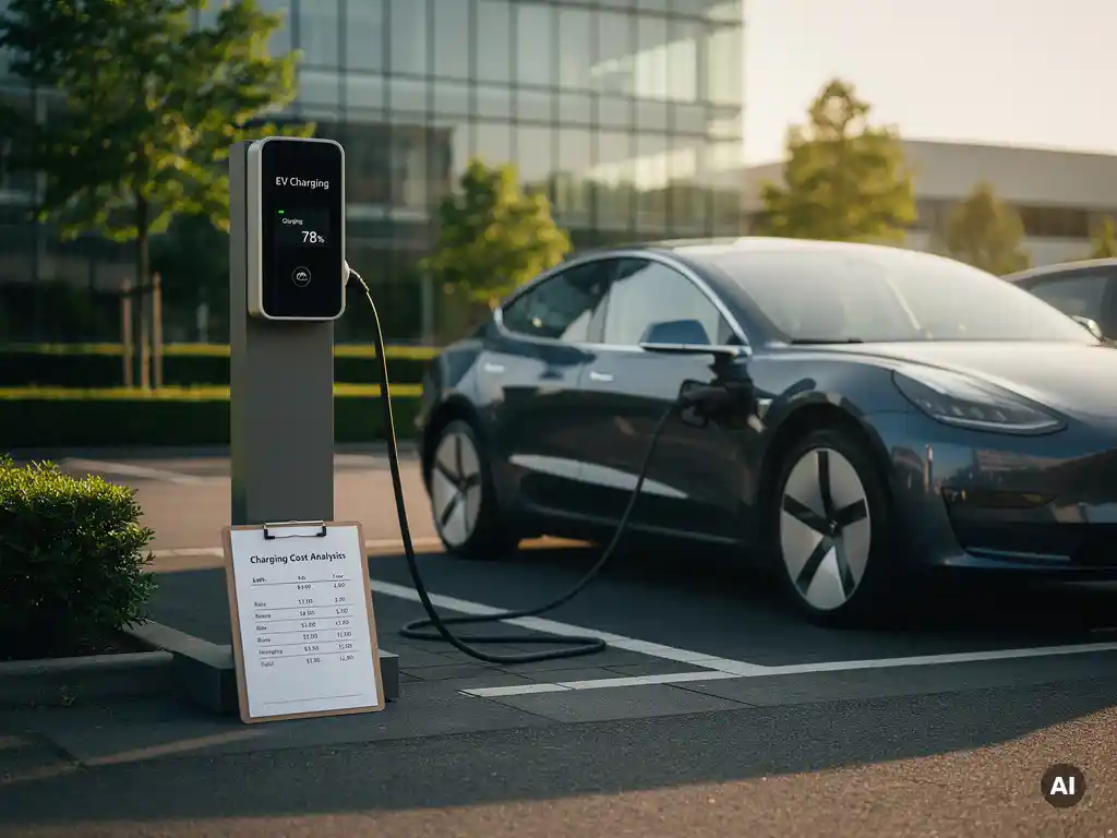 Elektrisch voertuig oplaadt bij moderne laadpaal op bedrijvenparkeerplaats met financieel rekenblad op klembord.
