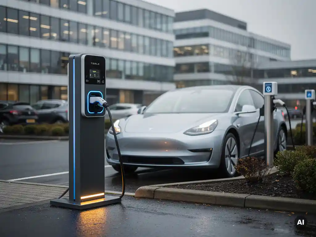 Elektrisch voertuig aangesloten op laadpaal in Nederlandse bedrijfsparking, tweede laadpunt zichtbaar op de achtergrond.