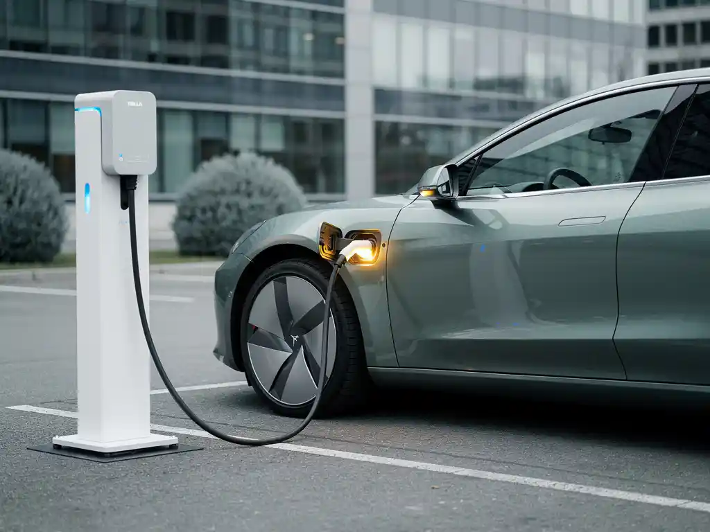 Elektrisch voertuig aangesloten op wit laadstation in zakelijke parkeerplaats, met zichtbare laadkabel en zachte bewolkte belichting.