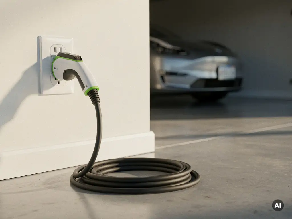 Elektrisch voertuig laadkabel aangesloten op standaard stopcontact in garage, met elektrische auto op de achtergrond.