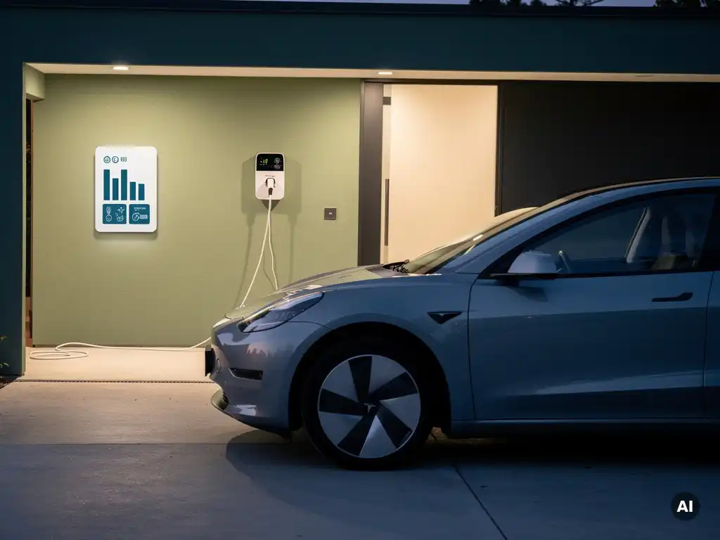 Elektrisch voertuig dat oplaadt bij een moderne thuislader in garage, energiemeter op de muur, zacht avondlicht op de oprit.