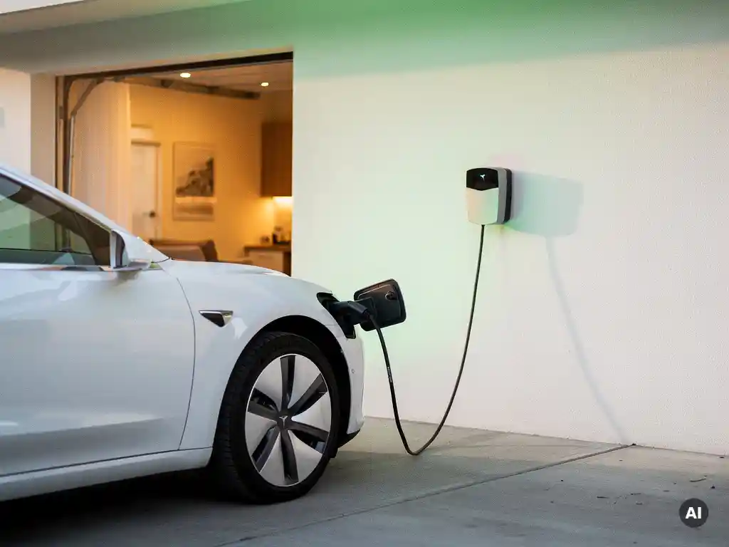 Witte elektrische auto opgeladen via thuislader in moderne garage met warm interieurlicht en zichtbare laadkabel.