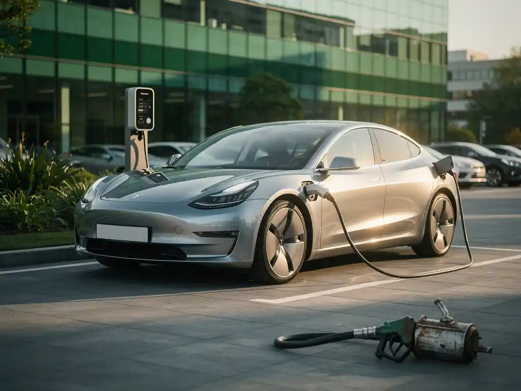Elektrische auto aangesloten op laadpaal in moderne bedrijfsparking, met een ongebruikte vintage brandstofpomp op de grond.