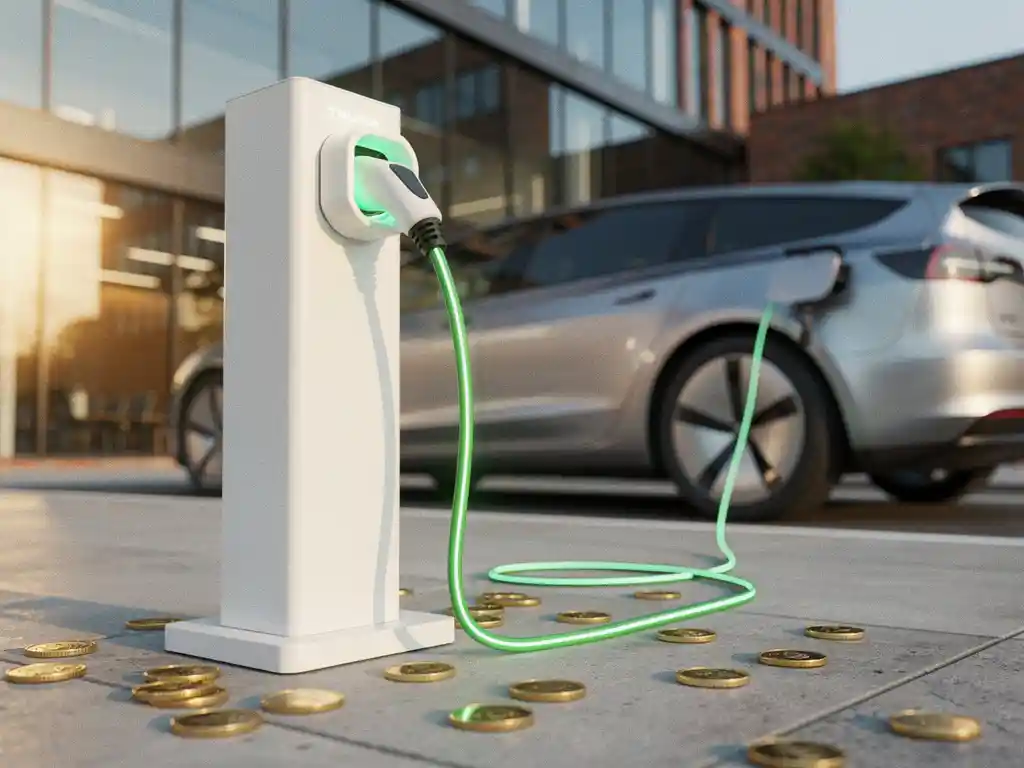 Oplaadpaal voor elektrische auto's in Nederland met munten op de grond, symbool voor subsidievoordelen.