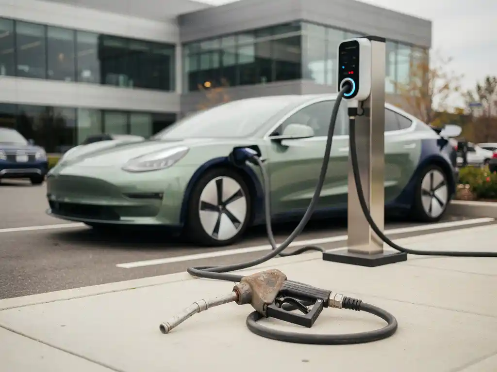 Elektrische auto aangesloten op laadstation in bedrijfsparkeerplaats, met verlaten vintage benzinepomp op de grond ernaast.