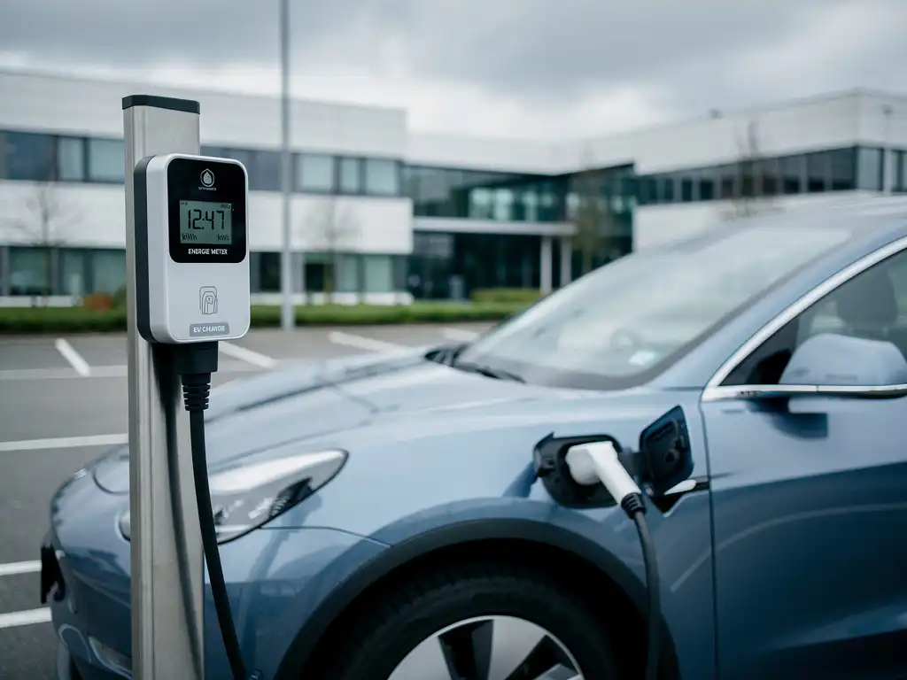 Elektrische auto aangesloten op laadpaal in bedrijfsparkeerplaats met zichtbare elektriciteitsmeter onder bewolkte Nederlandse lucht.