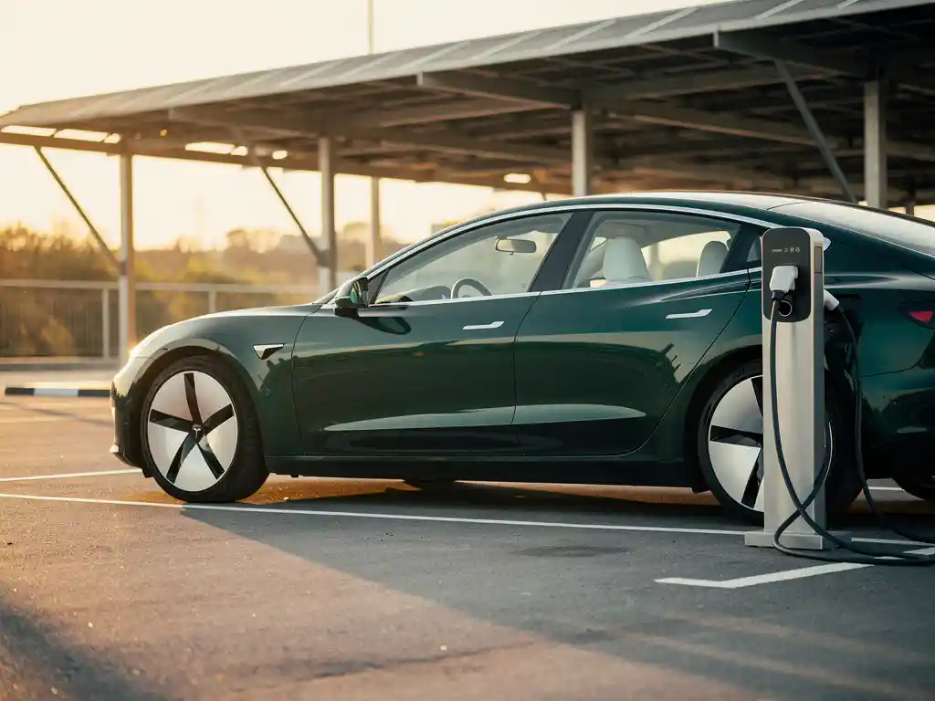 Elektrische auto aangesloten op laadpaal in bedrijfsparkeerplaats, zonnepanelen overkapping op achtergrond, gouden middaglicht.