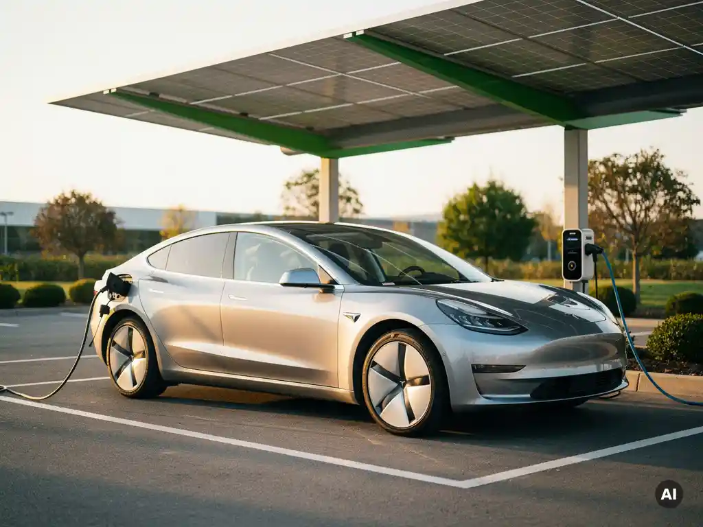 Elektrische auto aangesloten op laadpaal in zakelijk parkeerterrein, zonnepanelen overkapping, gouden ochtendlicht op metallic carrosserie.