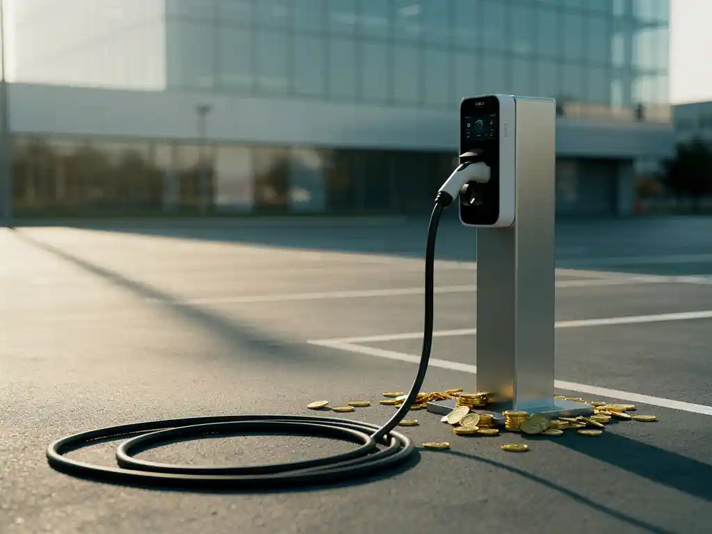 Een ongebruikt oplaadstation voor elektrische auto's op een lege parkeerplaats omgeven door verspreide muntstukken, dat gemiste inkomsten symboliseert voor Energy Check.