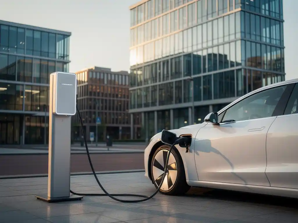 Een elektrische auto wordt opgeladen bij een Energy Check laadstation in een moderne zakenwijk in Nederland.