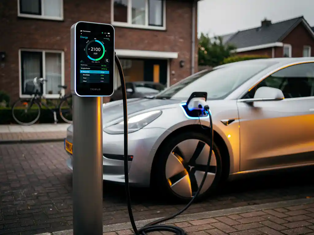 Elektrische auto bij modern laadstation in Nederlandse woonwijk, met digitale energiemeter die verbruiksdata toont.