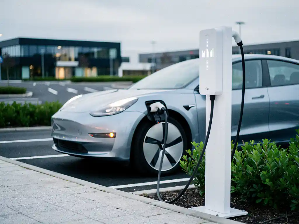 Elektrische auto aangesloten op wit laadstation in Nederlandse bedrijfsparking, energiemeter zichtbaar, zacht bewolkt daglicht.