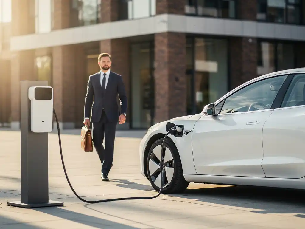 Een zakenman loopt naar een kantoor terwijl zijn elektrische auto oplaadt bij een oplaadstation van Energy Check.