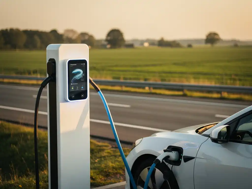 Elektrische auto aan snellader op Nederlandse snelweg, met zichtbare energiemeter en laadkabel in gouden middaglicht.