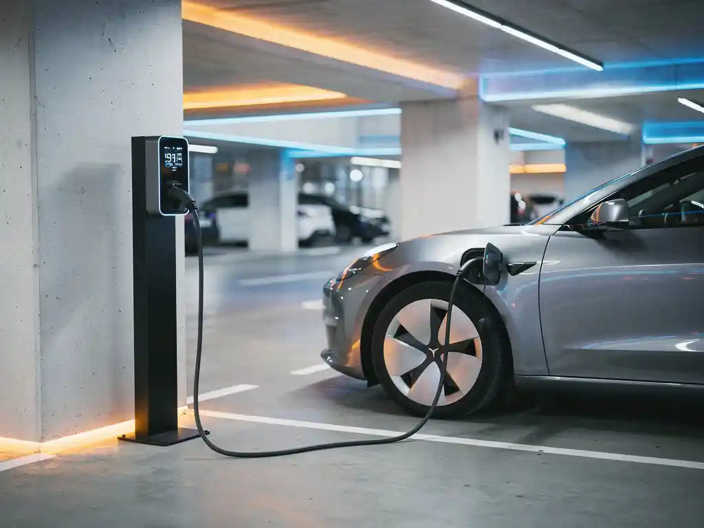 Elektrische auto aangesloten op een modern laadstation in een stedelijke parkeergarage met blauwe accentverlichting en zichtbare energiemeter.
