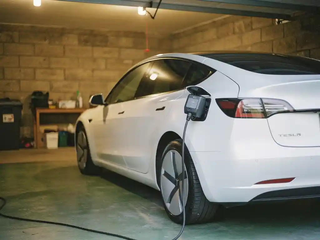 Witte elektrische auto opgeladen via huishoudelijk stopcontact in een nette garage met betonnen vloer en bakstenen muur.