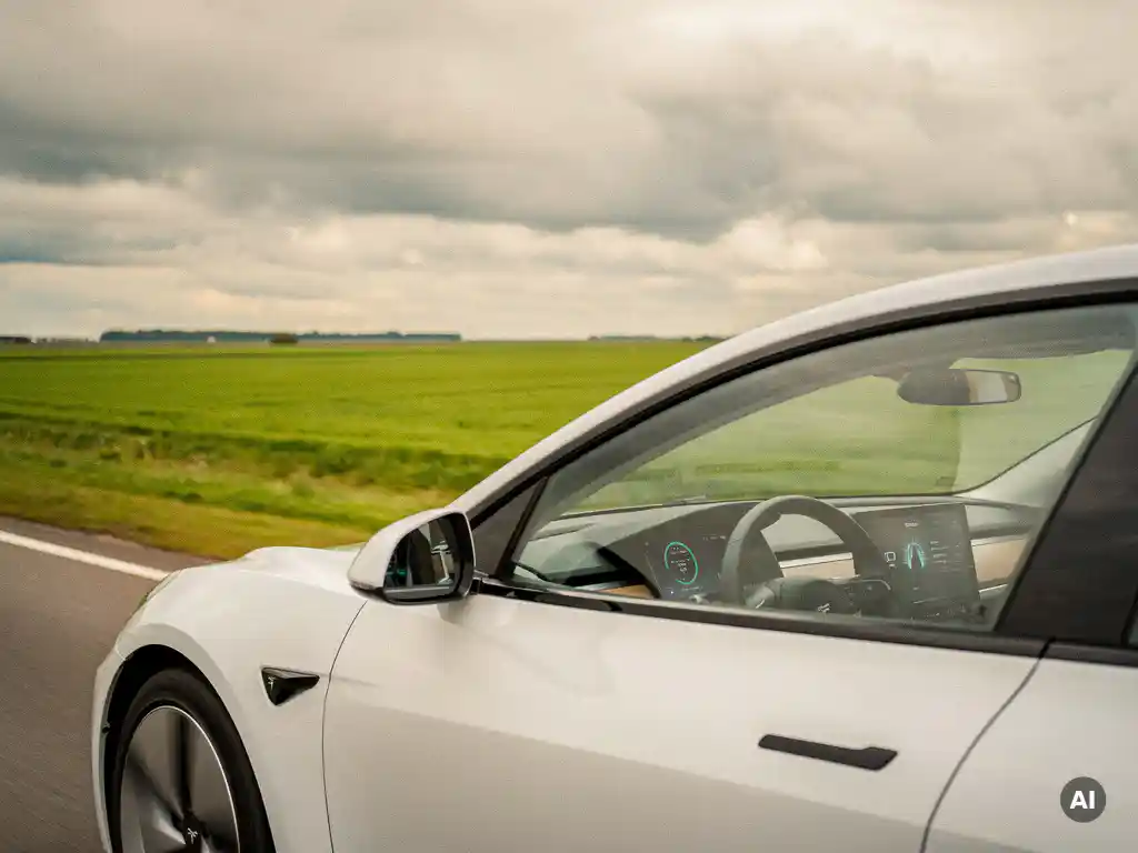 Witte elektrische auto op Nederlandse snelweg door groen weidelandschap, energiemeter zichtbaar achter voorruit.