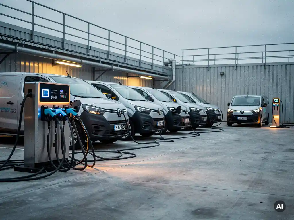Elektrische bedrijfsbusjes aangesloten op een centrale laadhub in een industrieel depot, met één solitaire bus bij een buitenlaadpaal.