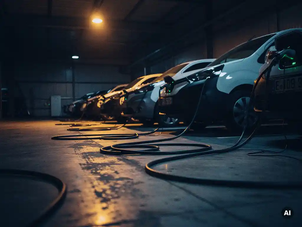 Witte elektrische bestelwagens opladen 's nachts in industrieel depot, amber beveiligingslicht verlicht zwarte laadkabels op betonnen vloer.