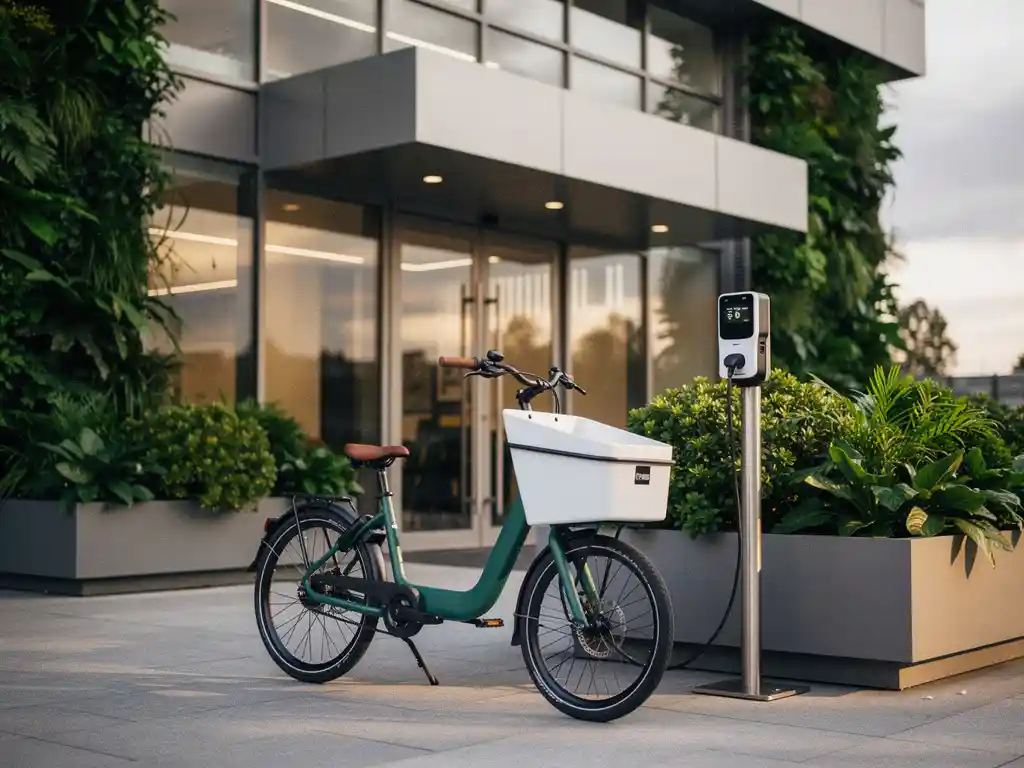 Elektrische cargo bike geparkeerd bij moderne kantooringang met laadstation op de achtergrond en weelderig groen.