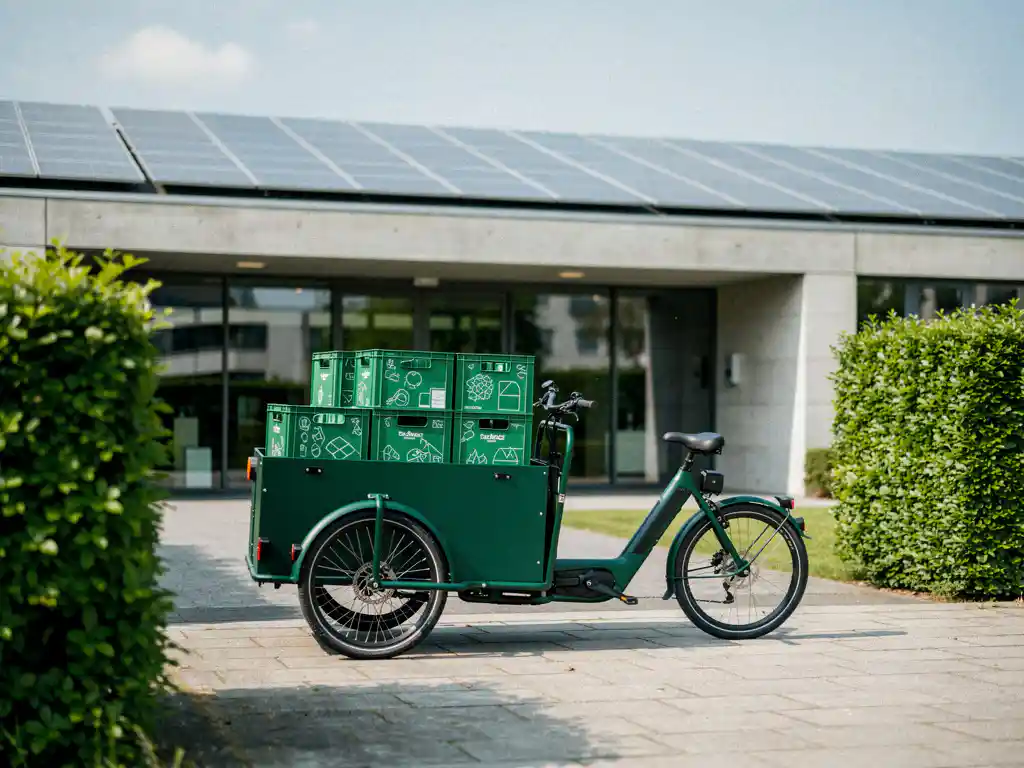 Elektrische cargo bike met groene bezorgkratten voor modern Nederlands kantoorgebouw met zonnepanelen op het dak.