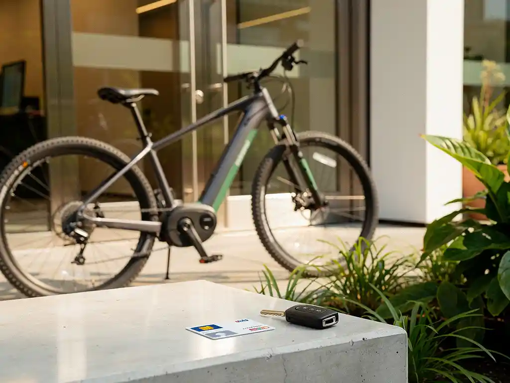 Elektrische fiets tegen modern kantoorgebouw, met ov-chipkaart en autosleutels op betonnen richel, omgeven door groen blad.