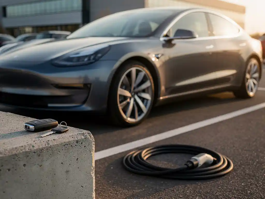 Elektrische leaseauto op bedrijfsparkeerplaats met sleutels op betonnen afzetting en opgerolde laadkabel ernaast.