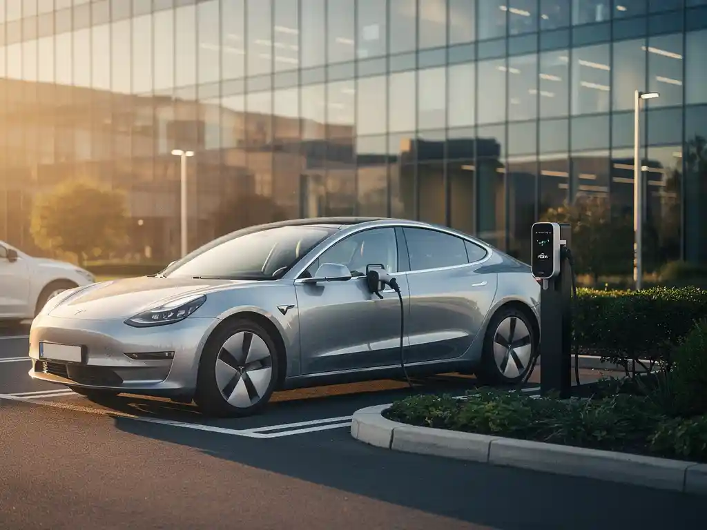 Elektrische lease auto aangesloten op laadpaal op bedrijventerrein, glazen kantoorgebouw weerspiegeld in de carrosserie.