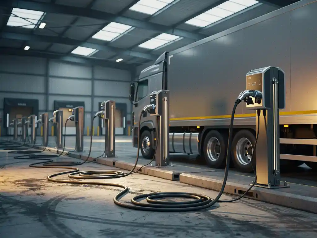 Elektrische vrachtwagen opgeladen aan laaddok in industrieel magazijn met meerdere laadpunten en betonnen vloer.