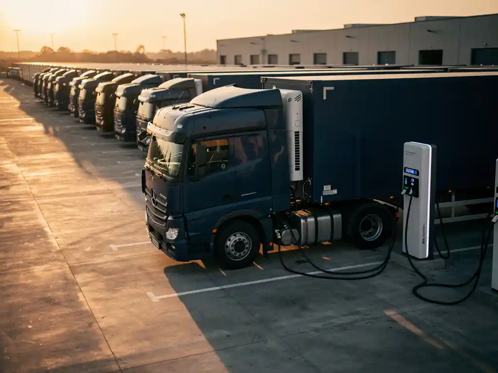 Elektrische vrachtwagens opladen bij laadstations in een industrieel logistiek terrein, gouden middaglicht, luchtperspectief.