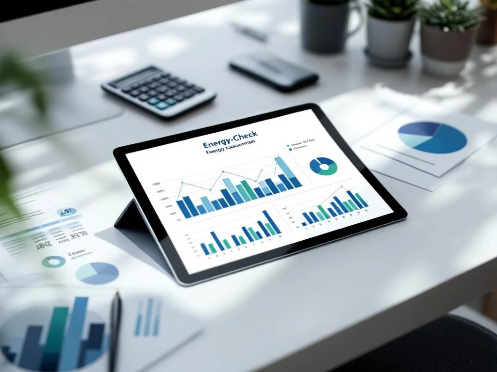 Tablet met Energy Check grafieken op een kantoorbureau, omringd door een rekenmachine en papieren met energiegegevens en grafieken.