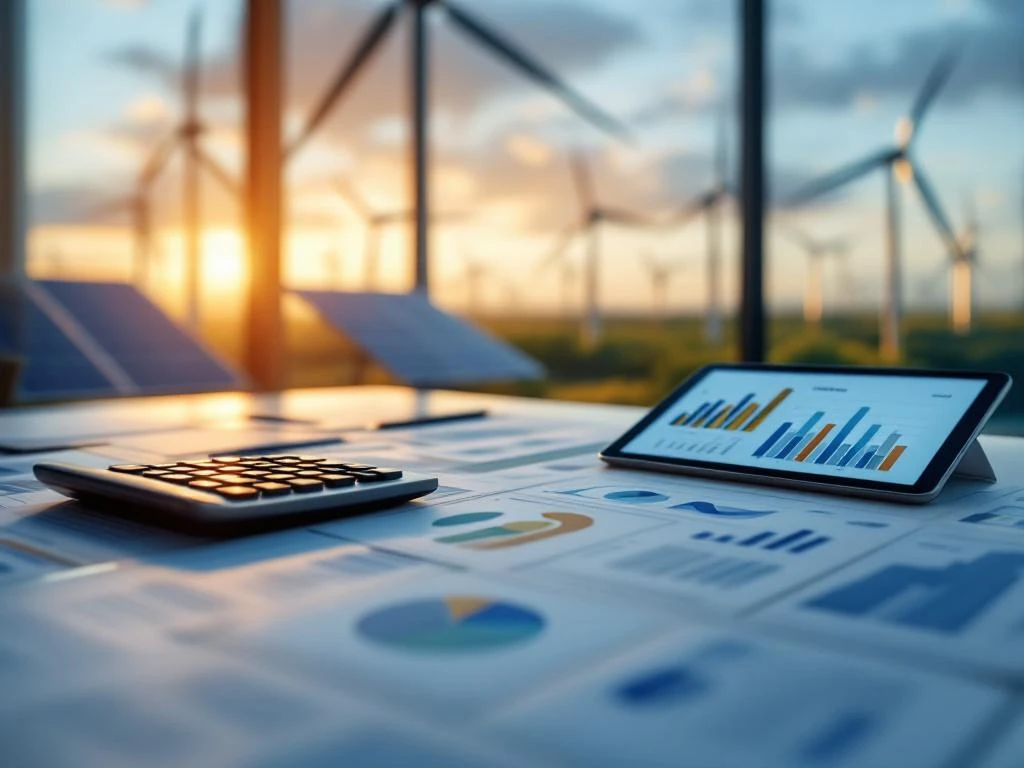 Calculator en tablet met grafieken op een bureau in een Energy Check kantoor met op de achtergrond zonnepanelen en windturbines bij zonsondergang.