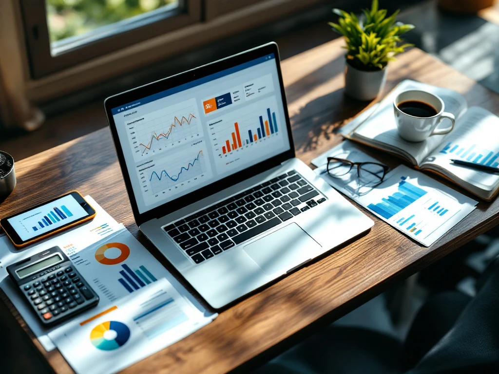 Een bureau met een laptop waarop het Energy Check energie-analyse-dashboard staat, omgeven door grafieken, een telefoon, een rekenmachine, een notitieboek, een bril en een kop koffie.