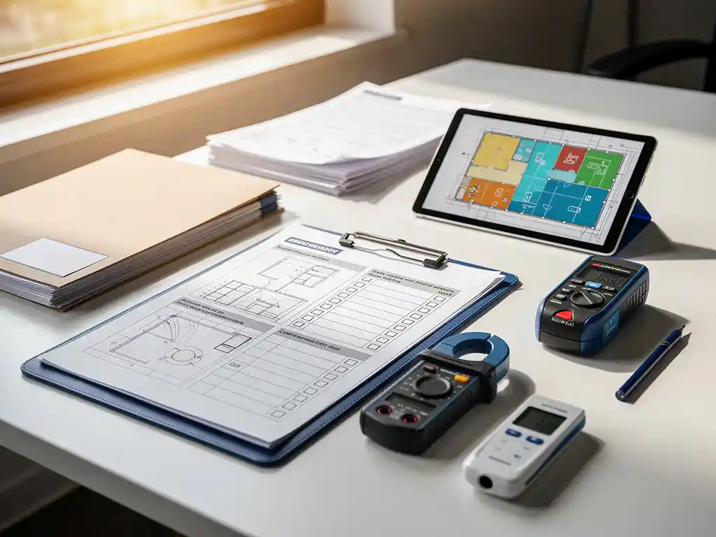 Bureau met een energie-audit checklist, meetapparatuur, en een tablet met gebouwplattegrond voor een Energy Check consultant.
