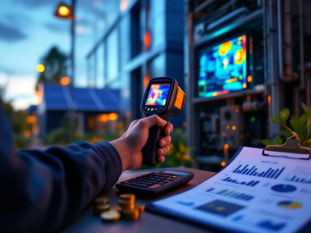 Een medewerker van Energy Check voert een energie-audit uit met behulp van een infraroodcamera, met grafieken en een berekening van de kostenanalyse op de voorgrond.