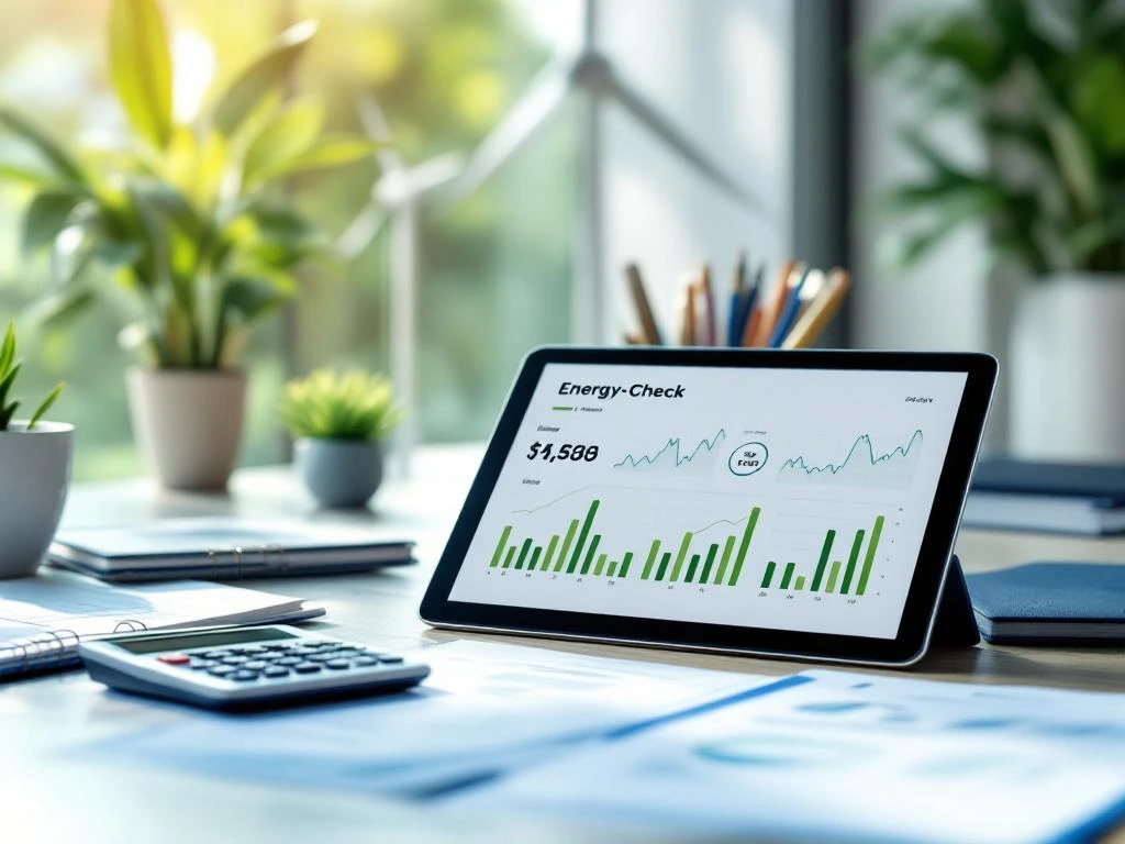 Tablet op een bureau met daarop een energie-auditdashboard van Energy Check, omgeven door kantoormateriaal en planten.