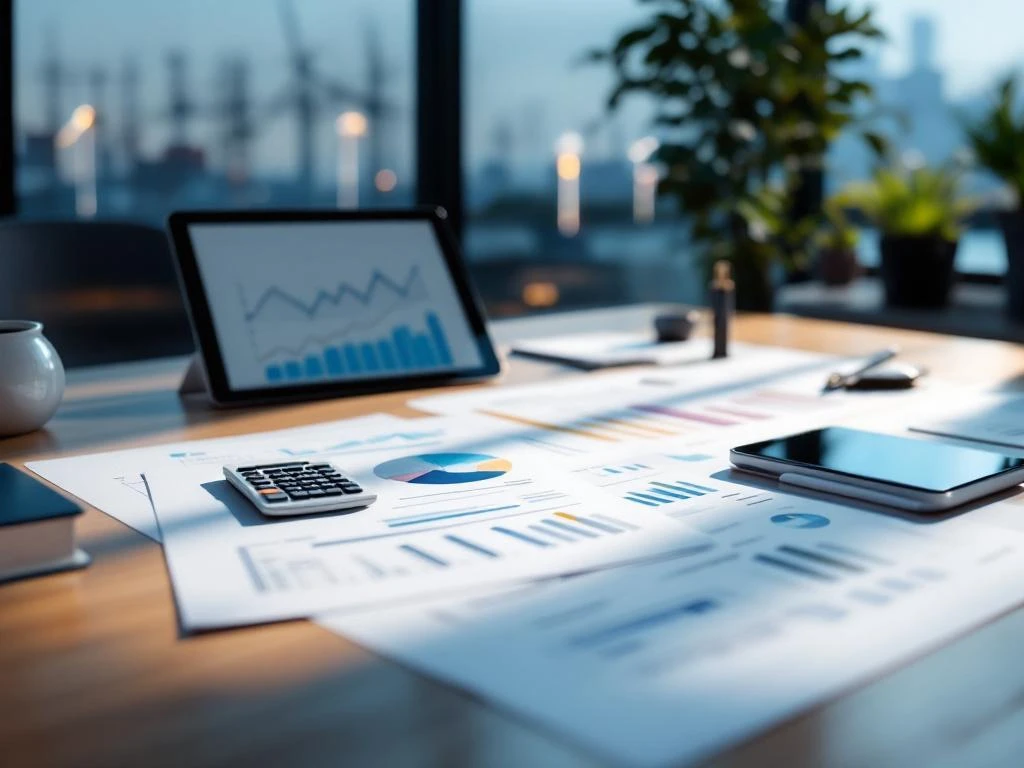 Een bureau in een kantoor van Energy Check met documenten en grafieken voor een energie-audit, omgeven door een calculator, tablet en smartphone.