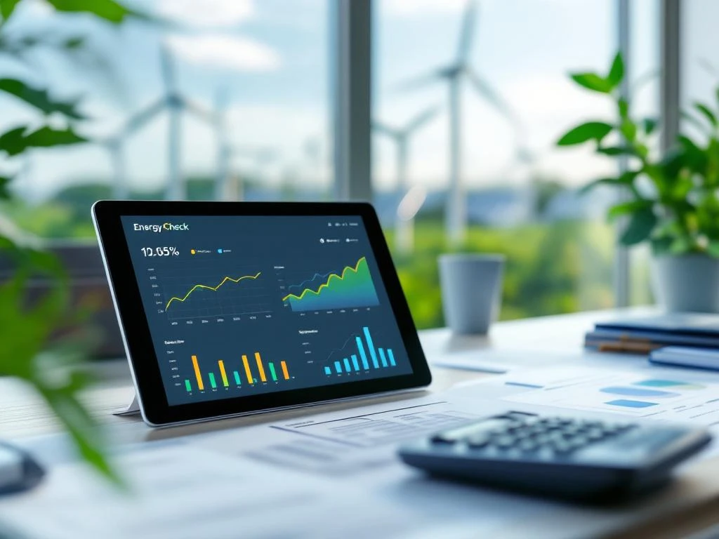 Tablet op een kantoor toont energie-audit grafieken van Energy Check, met op de achtergrond windturbines en planten die duurzame technologie symboliseren.