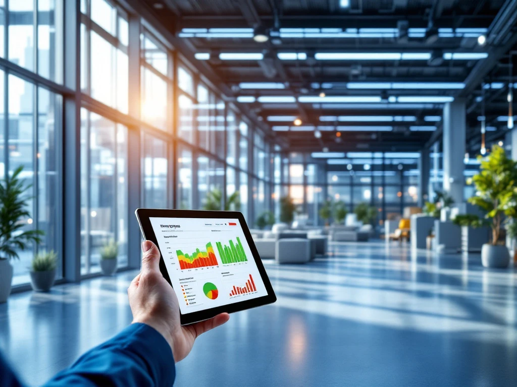 Een persoon houdt een tablet vast met energiemetingen van Energy Check in een modern en ruim kantoor.