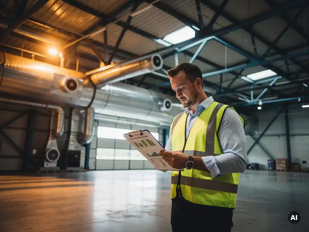 Gecertificeerde energie-auditor inspecteert gebouwenergieraport op klembord in Nederlandse commerciële faciliteit met zichtbare HVAC-systemen.