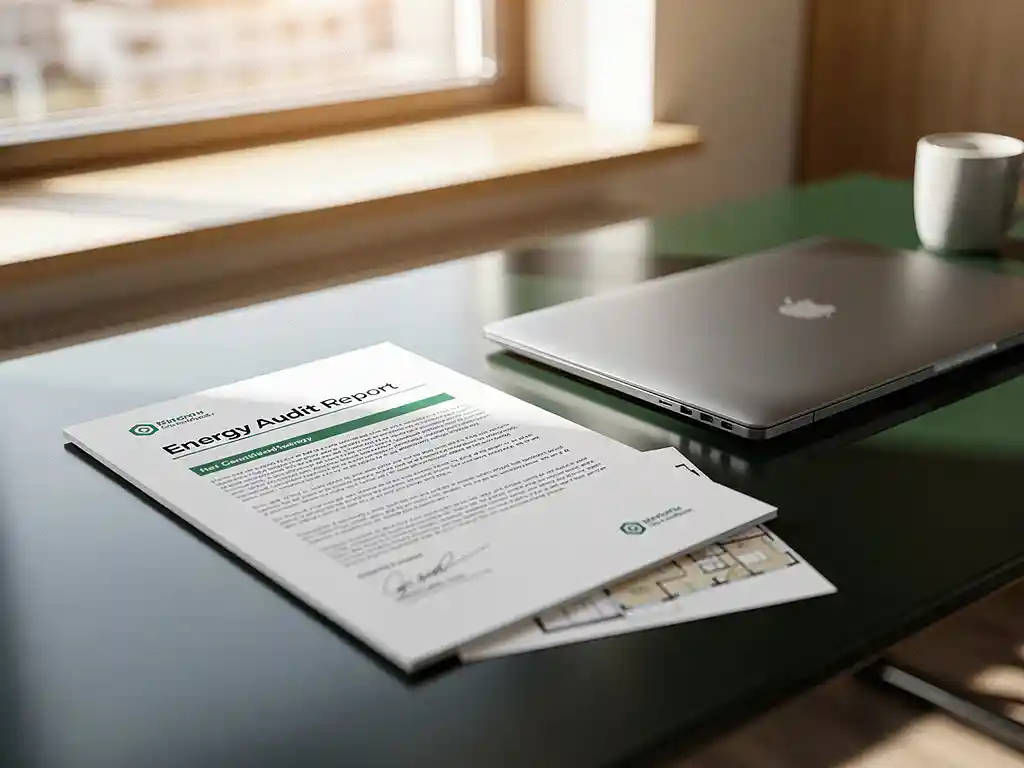 Gecertificeerd energie-auditrapport op kantoorbureau naast laptop, met architectonische plattegrond, in warm natuurlijk licht.