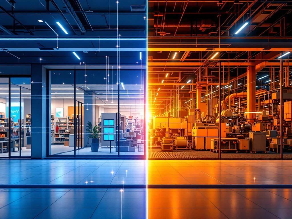 Energie-audit in retail- en industriële faciliteiten, met links een winkelinterieur en rechts een industriële productieomgeving, gescheiden door een energielijn.