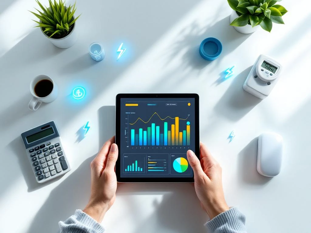 Een persoon gebruikt een tablet met energiegrafieken tijdens een energie-audit, omringd door een rekenmachine, een kop koffie, en groene planten op een witte tafel.