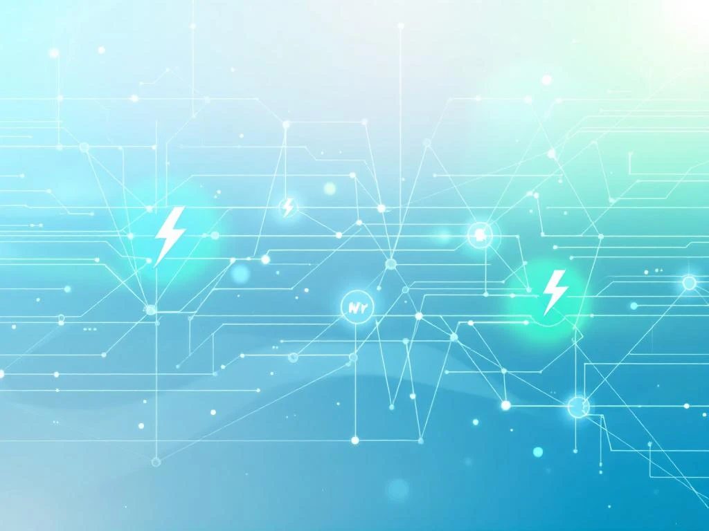 Abstracte digitale illustratie van een energieautomatiseringssysteem met technologie-iconen en blauwgroene tinten, passend bij Energy Check.