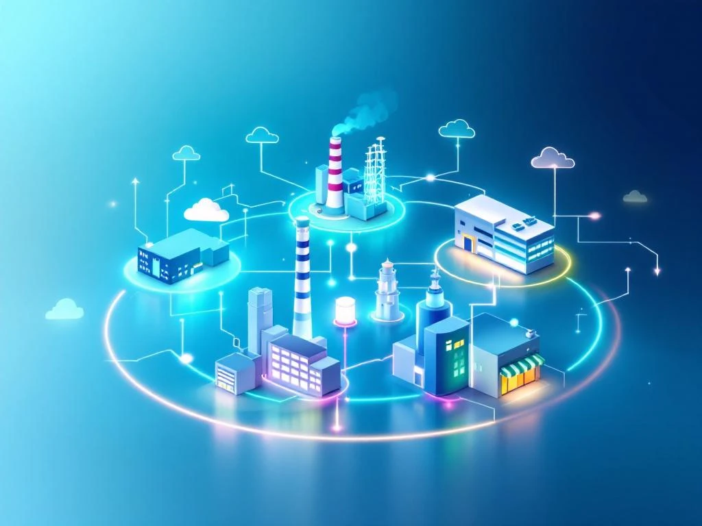 Illustratie van verbonden industriële iconen die de diverse energiën bedrijfssectoren van Energy Check representeren.
